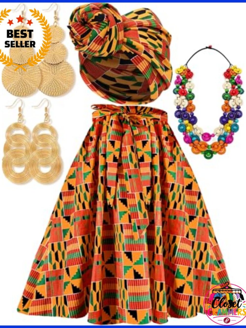Kente African Skirt & Head Wrap Set with Necklace & Earrings 5 Pc